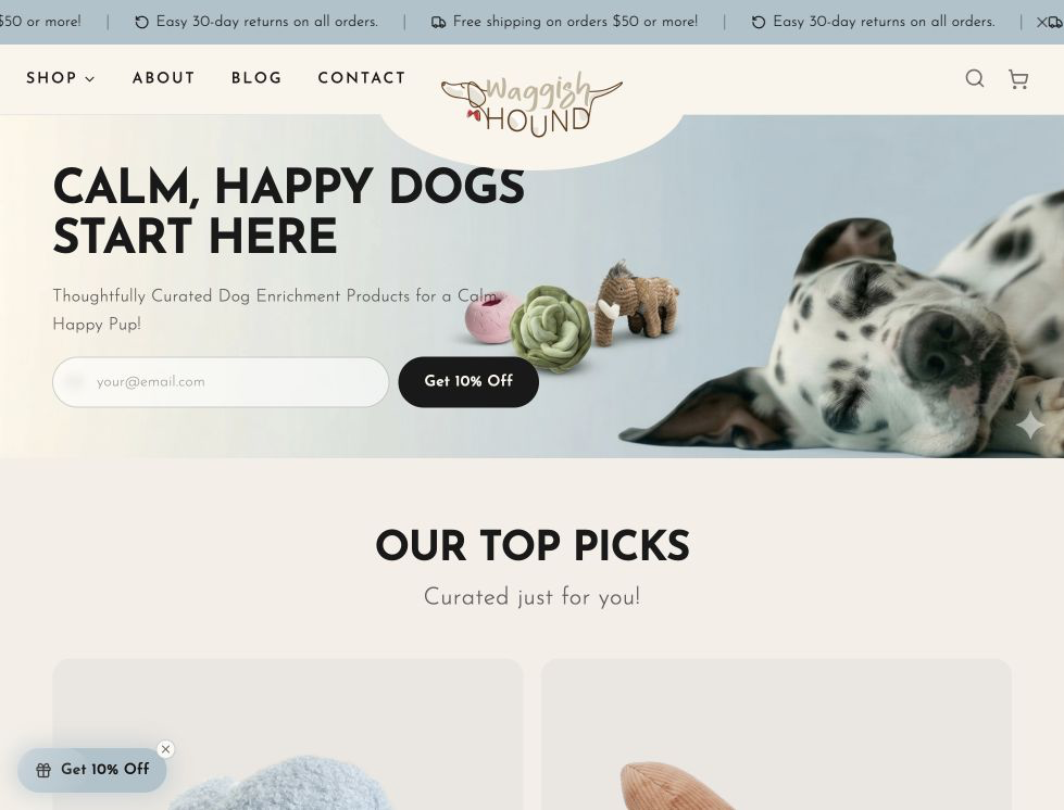 hero screenshot of the Waggish Hound website.