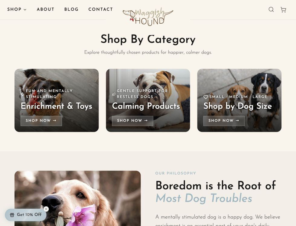 mid-page screenshot of the Waggish Hound website.