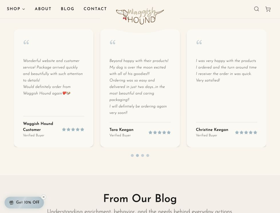 lower-page screenshot of the Waggish Hound website.