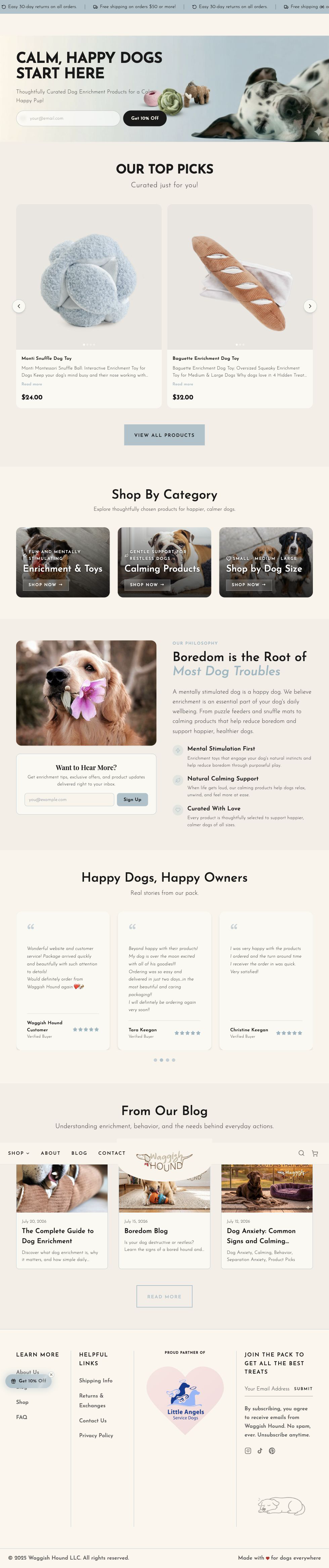 full-page screenshot of the Waggish Hound website.