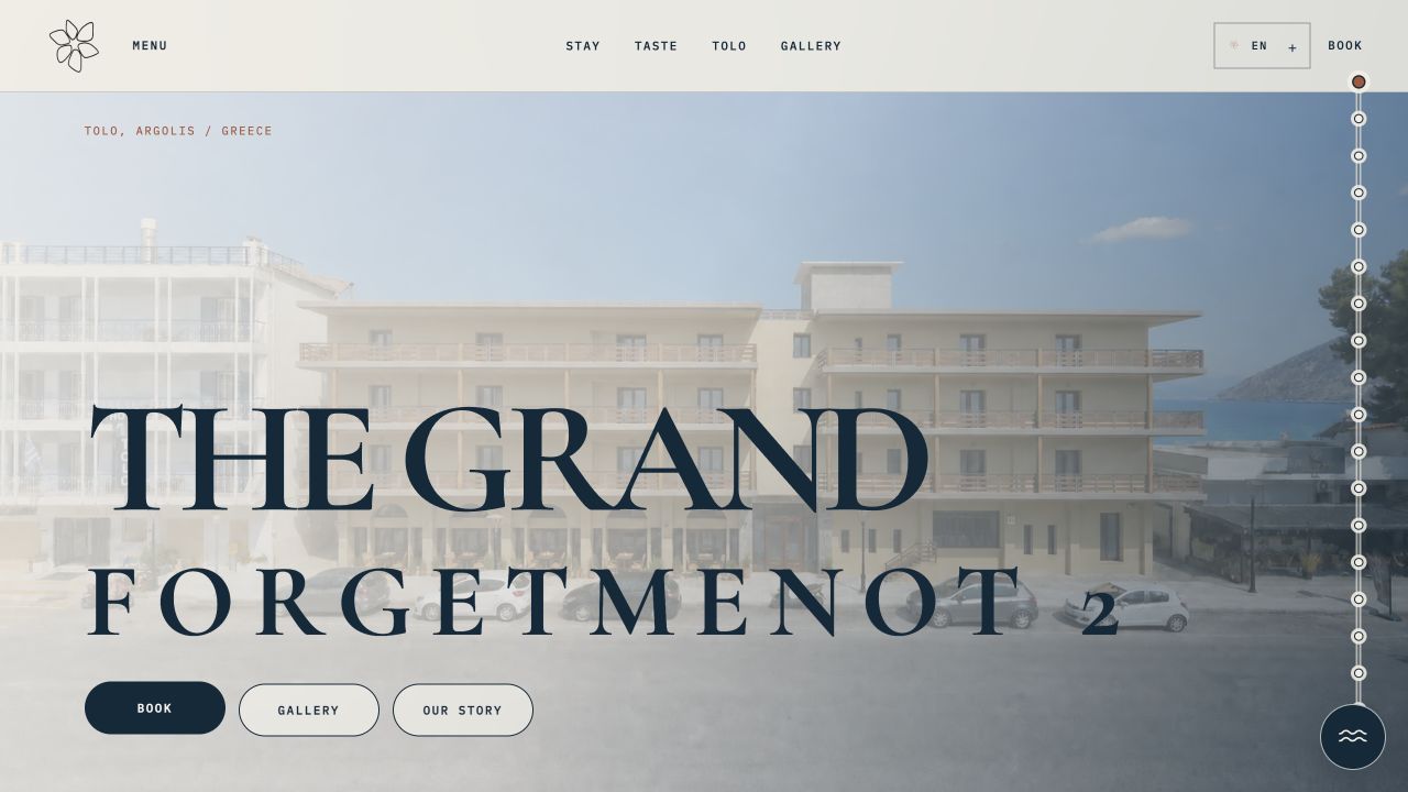 hotel homepage hero screenshot of the Grand Hotel Forget Me Not website.