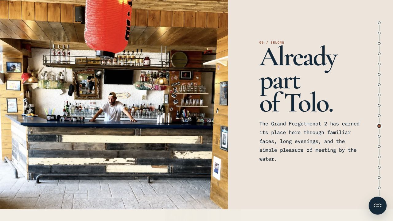 Tolo gathering and beach bar story screenshot of the Grand Hotel Forget Me Not website.