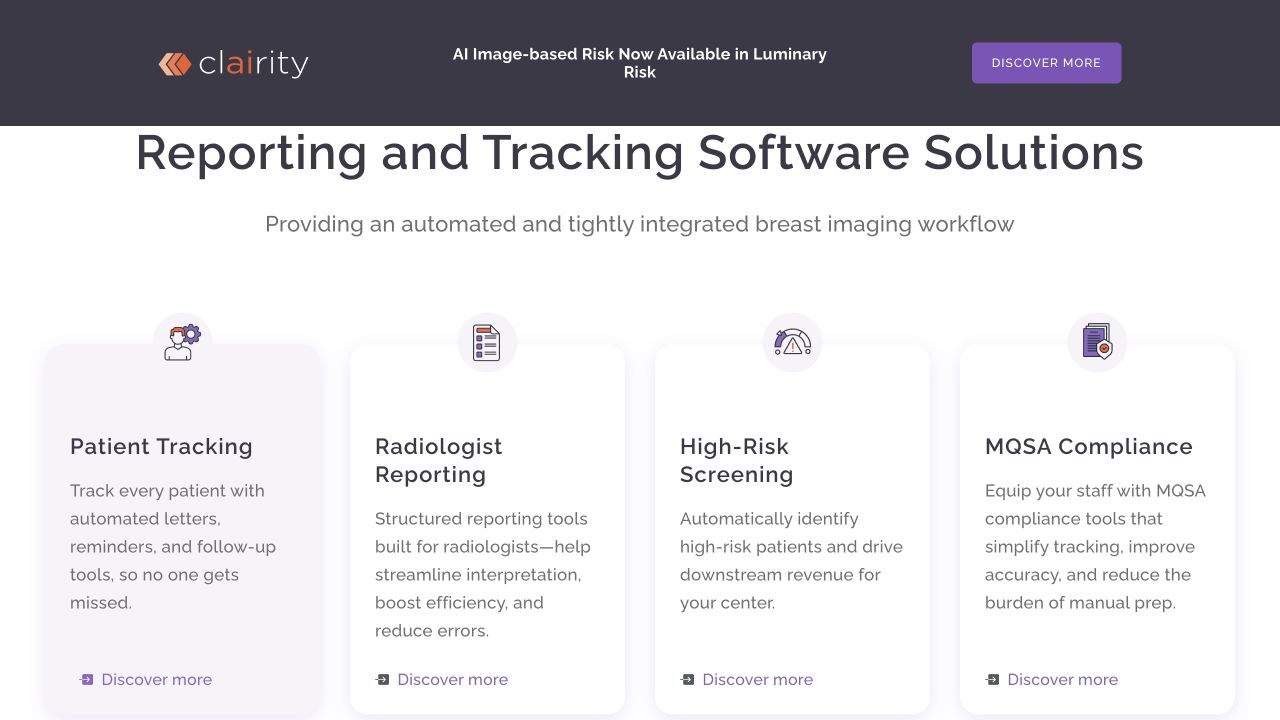 reporting and tracking feature grid screenshot of the Healthcare Software Platform website.